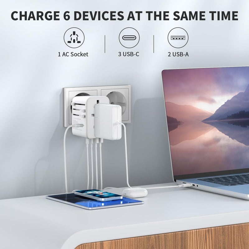 EPICKA Universal Travel Adapter, GaN International Plug Adapter with 3 USB-C 70W PD Fast Charging & 2 USB-A Adaptor All-in-one Wall Charger for USA EU UK AUS (TA-105 Pro, White) - Image 4